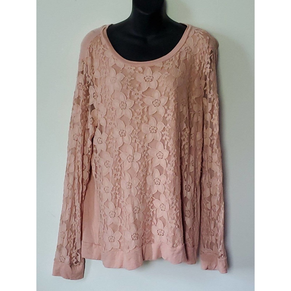 Adrianna Papell Peach Colored Long Sleeve Lacy Front Stretchy XL Round Neck Top